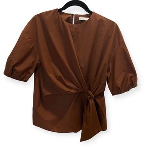OAK + FORT Brown Short Sleeve Blouse Front Knot Detail - Size XS